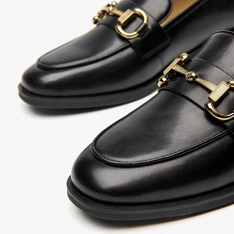BeauToday Women 's Calfskin Leather Classic Buckle Loafers