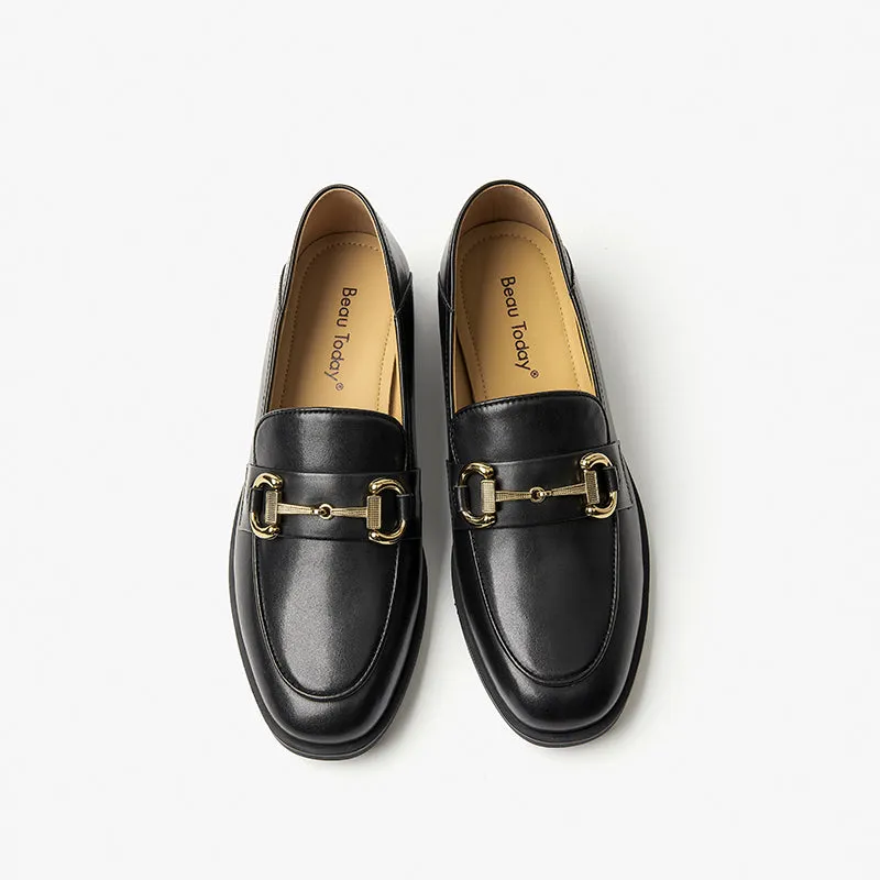 BeauToday Women 's Calfskin Leather Classic Buckle Loafers