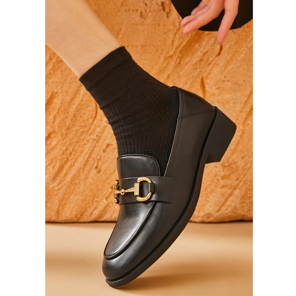 BeauToday Women 's Calfskin Leather Classic Buckle Loafers