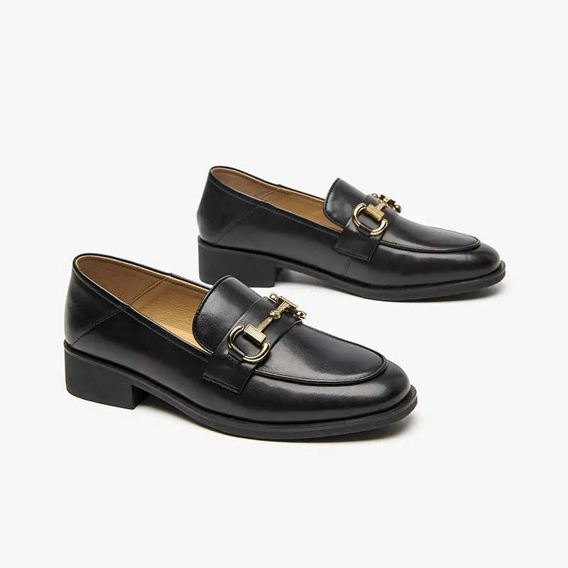 BeauToday Women 's Calfskin Leather Classic Buckle Loafers