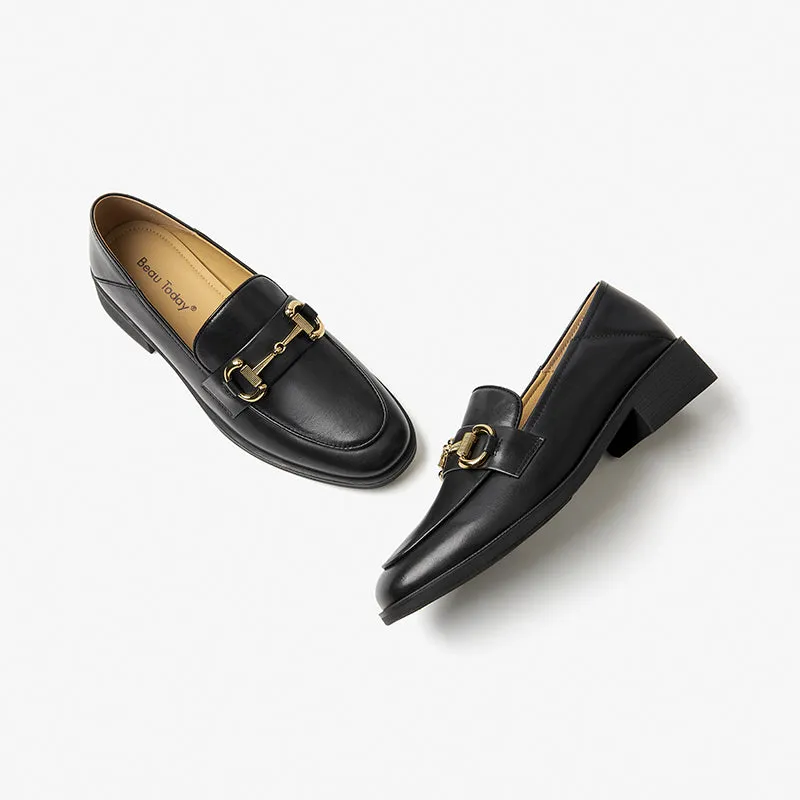 BeauToday Women 's Calfskin Leather Classic Buckle Loafers