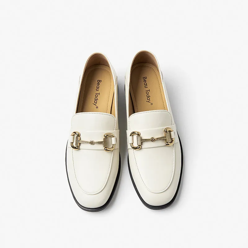 BeauToday Women 's Calfskin Leather Classic Buckle Loafers