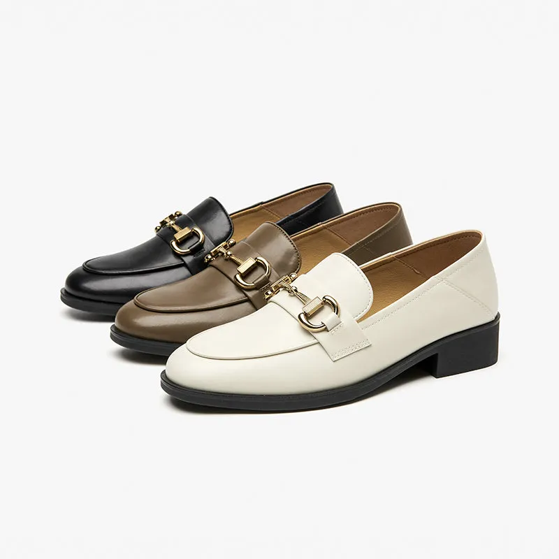 BeauToday Women 's Calfskin Leather Classic Buckle Loafers