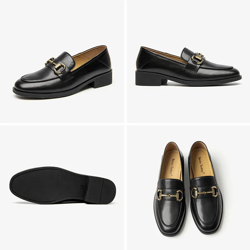 BeauToday Women 's Calfskin Leather Classic Buckle Loafers