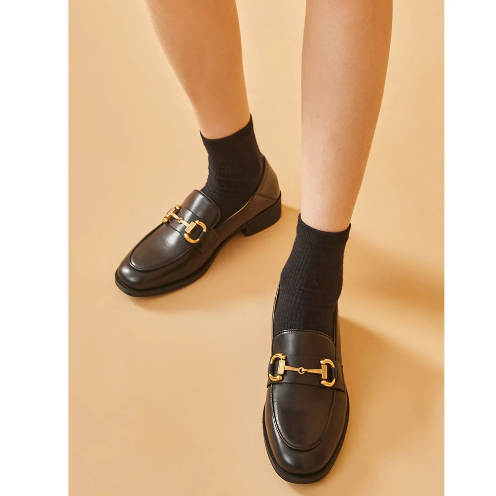 BeauToday Women 's Calfskin Leather Classic Buckle Loafers