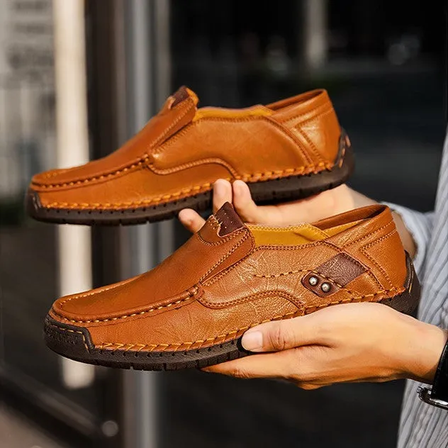 Bootara Hand-Stitched Men's Loafers Casual Outdoor Slip-On Genuine Leather Shoes