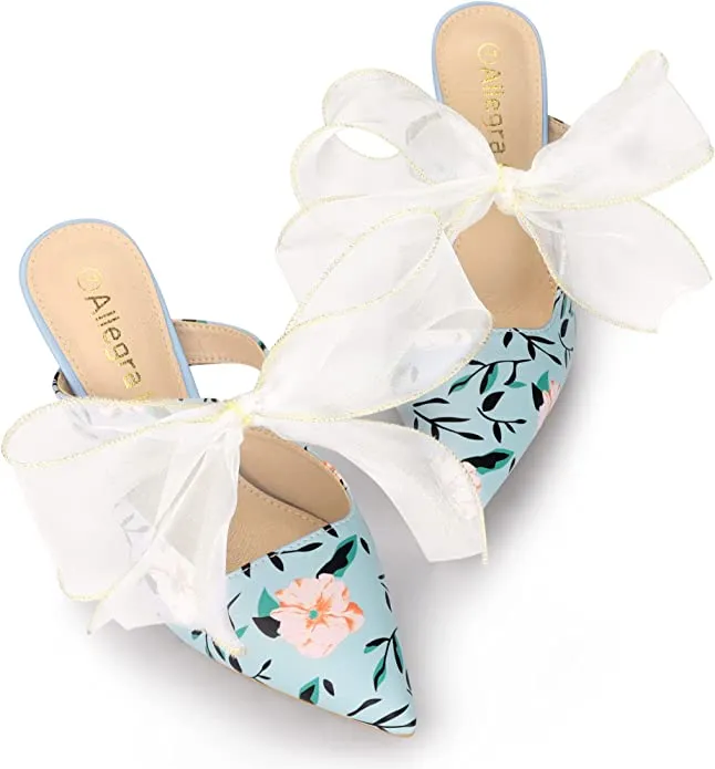 Chiffon Bow Blue Floral Pointed Toe Heels