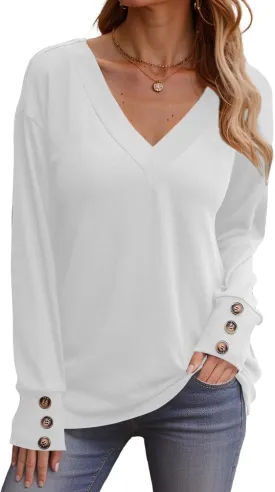 Dokotoo Women's Casual Long Sleeve V Neck Pullover Shirts Loose Fit Lightweight Knit Tops