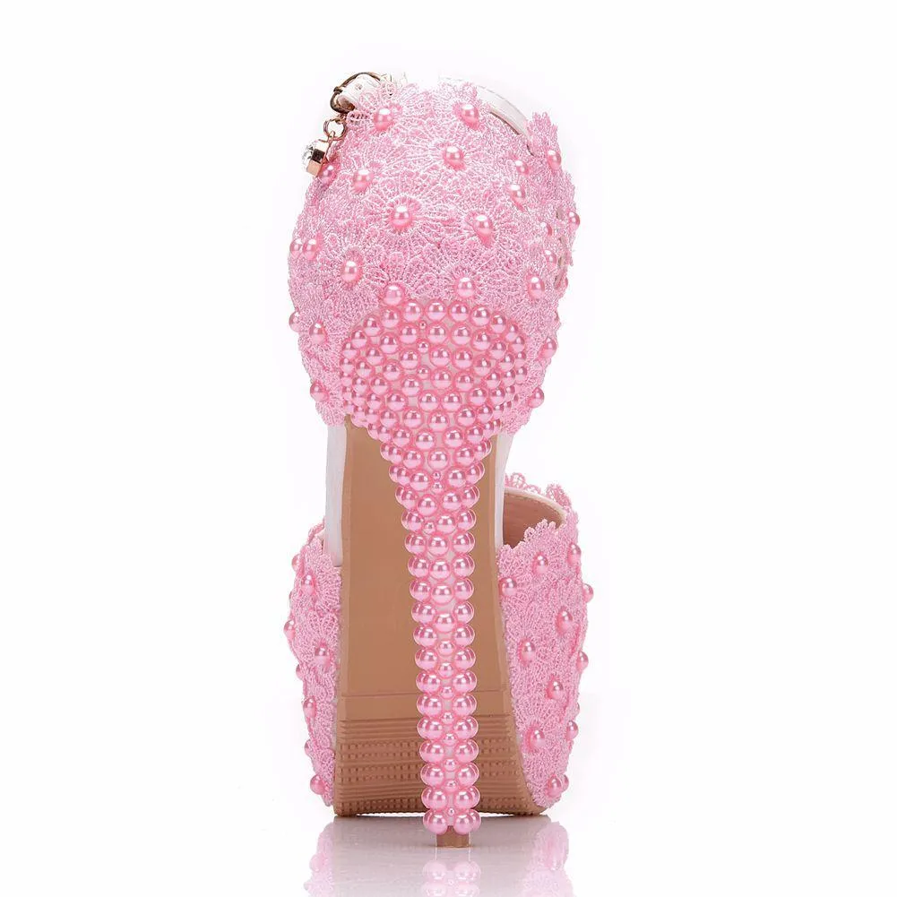 Floral lace platform super high heel ankle strap wedding sandals 5.5"