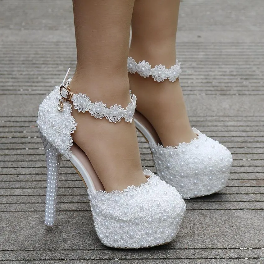 Floral lace platform super high heel ankle strap wedding sandals 5.5"