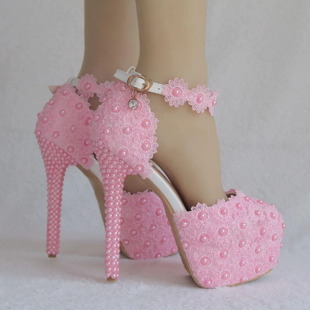 Floral lace platform super high heel ankle strap wedding sandals 5.5"