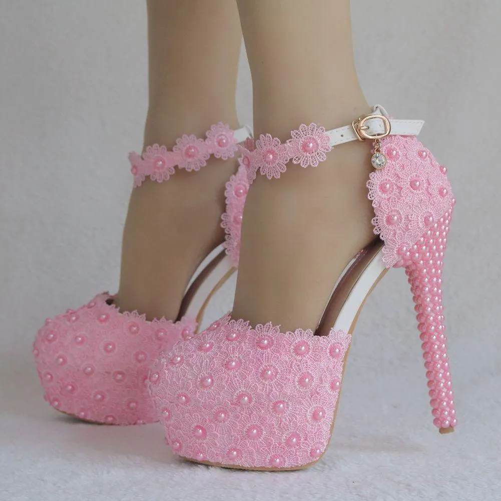 Floral lace platform super high heel ankle strap wedding sandals 5.5"