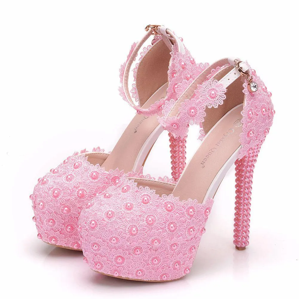 Floral lace platform super high heel ankle strap wedding sandals 5.5"