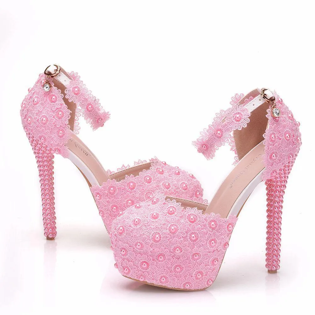 Floral lace platform super high heel ankle strap wedding sandals 5.5"