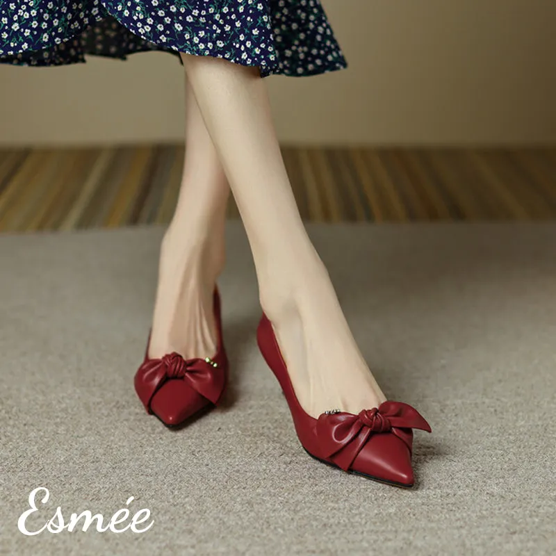 Lambskin Leather High Heels with Bow Knot Design
