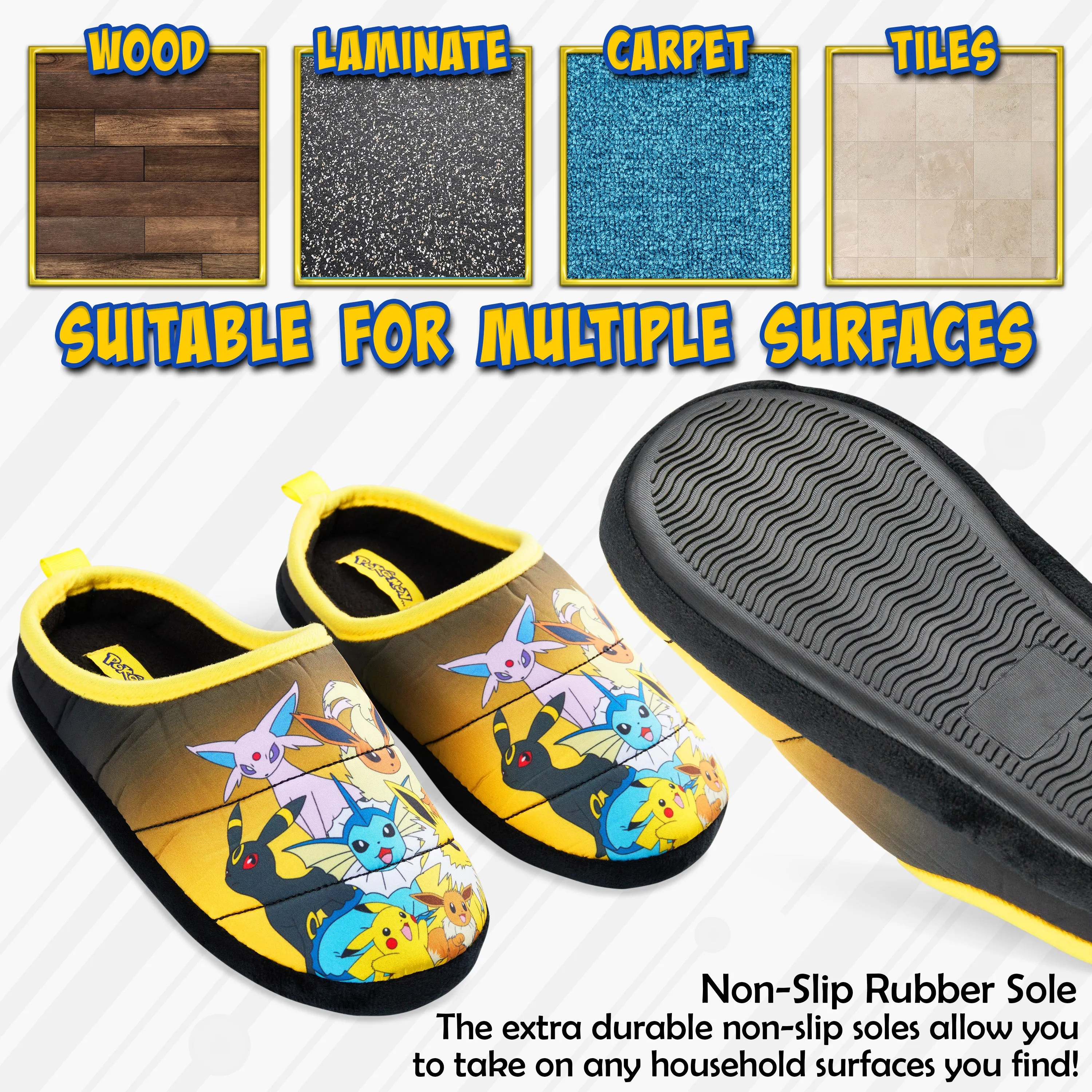 Pokemon Mens Slippers, Cosy Slip-On House Shoes with Non-Slip Sole - Gifts for Men