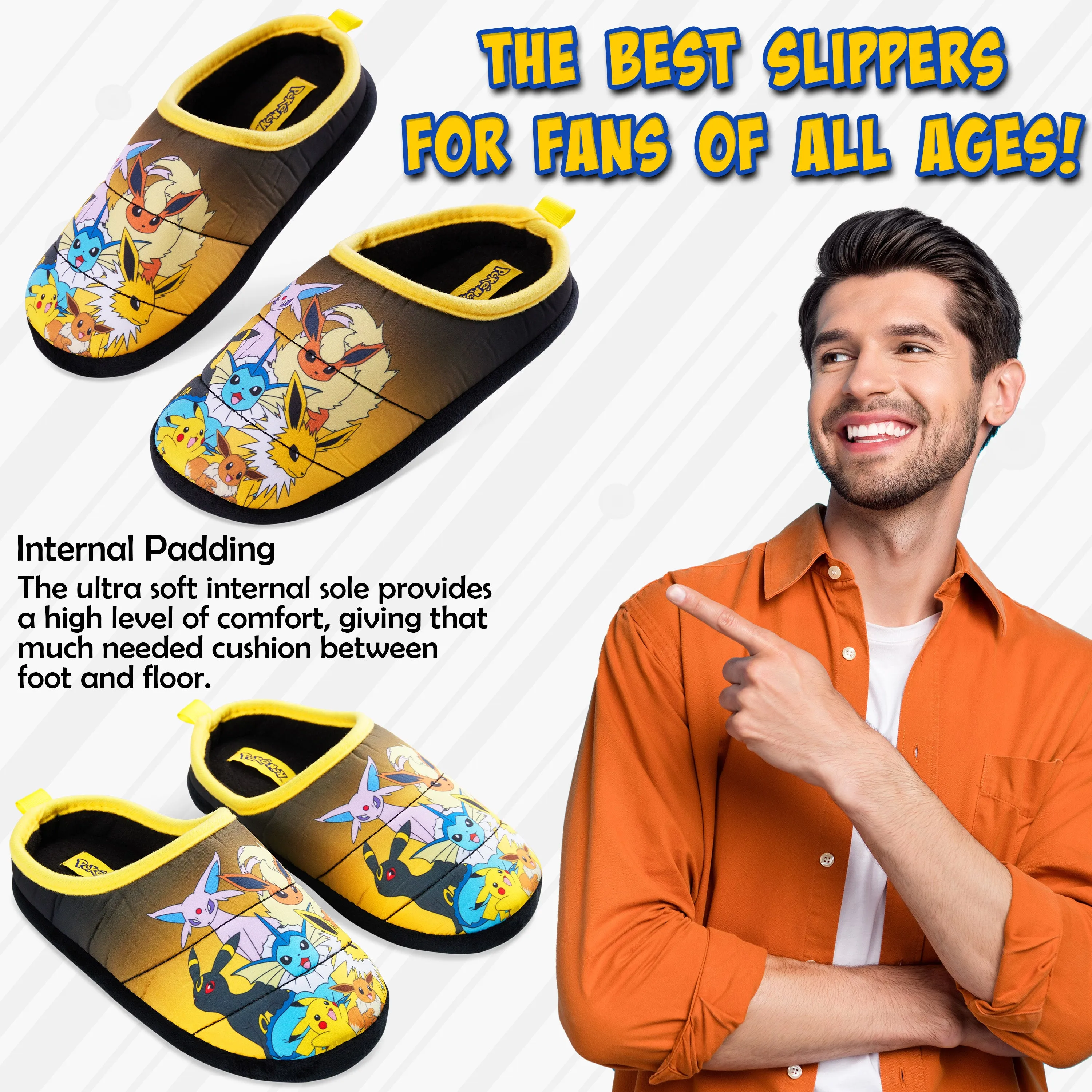 Pokemon Mens Slippers, Cosy Slip-On House Shoes with Non-Slip Sole - Gifts for Men