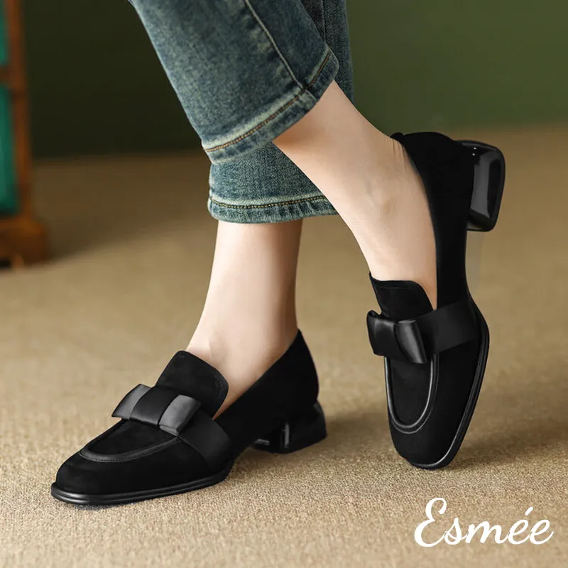 Suede Loafers with Bow Knot Design