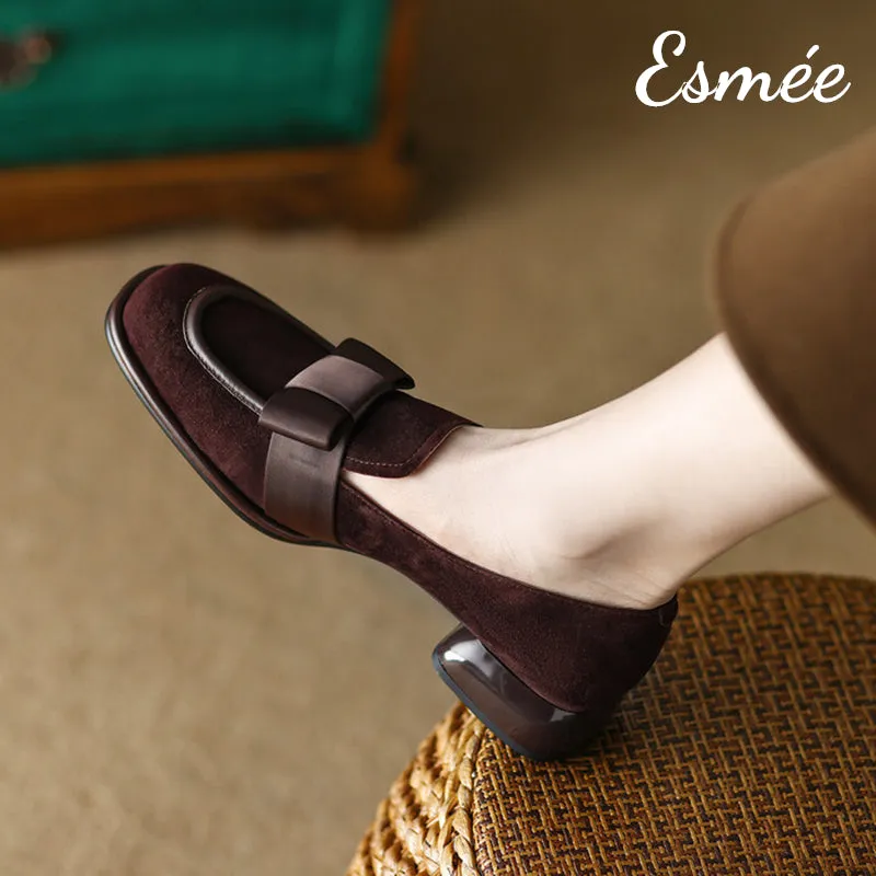 Suede Loafers with Bow Knot Design