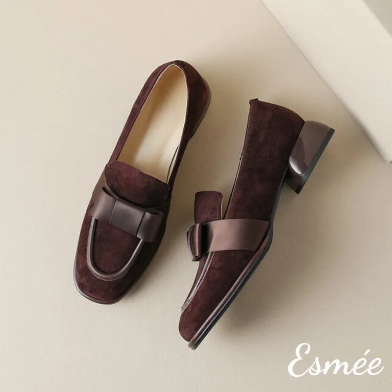 Suede Loafers with Bow Knot Design