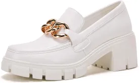 TINSTREE Platform Loafers for Women with Chain Comfort Chunky Heel Slip On Round Toe Business Work Shoes