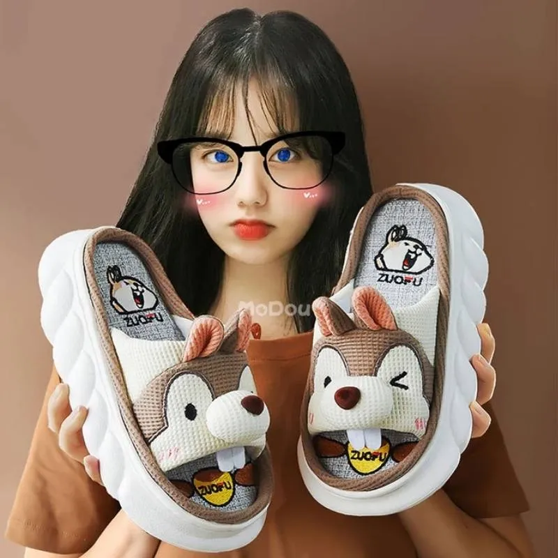 ZUOFU Trendy Designer Slippers Cute Cartoon Lovely Animals Bedroom Cotton Home Shoes Indoor Thick Sole Couples Men Women